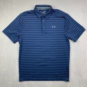 Under Armour Mens Shirt Medium Navy Blue Striped Playoff Polo Loose Golf Stretch